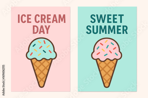 Two vertical A6 banners flat vector design pastel pink and turquoise backgrounds ice cream cones with sprinkles summer sweets first banner with text Ice Cream Day second banner with text.
