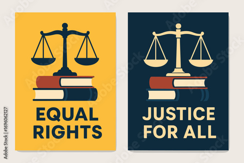 Two vertical A6 banners flat vector design and navy backgrounds scales of justice with books human rights theme first banner with text Equal Rights second banner with text Justice For All.