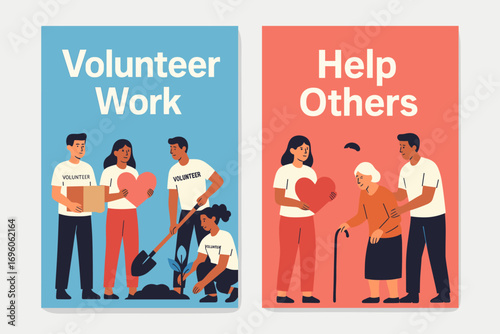 Two vertical A6 banners flat vector design sky blue and coral backgrounds group of people volunteering community service theme first banner with text Volunteer Work second banner with text.