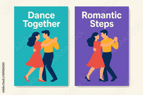 Two vertical A6 banners flat vector design turquoise and purple backgrounds couple dancing together romantic theme first banner with text Dance Together second banner with text Romantic.