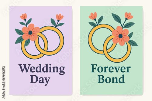 Two vertical A6 banners flat vector design lavender and mint backgrounds wedding rings with flowers marriage theme first banner with text Wedding Day second banner with text Forever Bond.