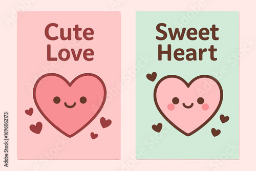 Two vertical A6 banners flat vector design pastel pink and mint backgrounds cute kawaii hearts with faces playful romance first banner with text Cute Love second banner with text Sweet.