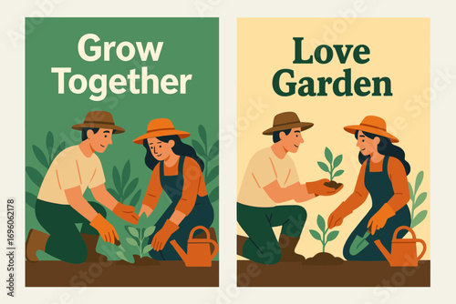 Two vertical A6 banners flat vector design green and pastel backgrounds couple gardening together lifestyle love theme first banner with text Grow Together second banner with text Love.