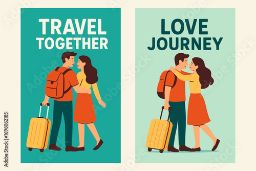 Two vertical A6 banners flat vector design turquoise and mint backgrounds couple traveling with suitcase adventure romance first banner with text Travel Together second banner with text.