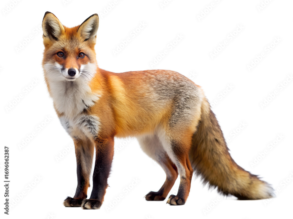 Fototapeta premium A beautiful red fox isolated on transparent background, captured in a side view, displaying its stunning coat and elegant posture in a striking image