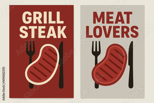 Two vertical A6 banners flat vector design dark red and silver backgrounds steak with fork and knife grill restaurant theme first banner with text Grill Steak second banner with text Meat.