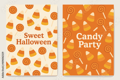 Two vertical A6 banners flat vector design cream and orange backgrounds candy corn and lollipops seamless pattern sweets and treats theme first banner with text Sweet Halloween second.
