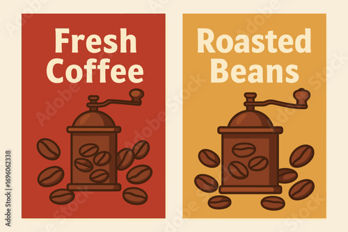Two vertical A6 banners flat vector design red and gold backgrounds roasted coffee beans with grinder café style theme first banner with text Fresh Coffee second banner with text Roasted.