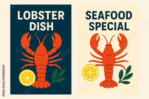 Two vertical A6 banners flat vector design dark blue and cream backgrounds lobster with lemon seafood restaurant theme first banner with text Lobster Dish second banner with text Seafood.