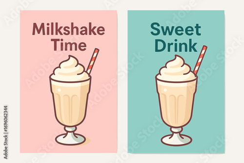 Two vertical A6 banners flat vector design pastel pink and turquoise backgrounds milkshake glass with whipped cream dessert drink first banner with text Milkshake Time second banner with.