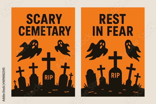 Two vertical A6 banners flat vector design orange background gravestones and RIP crosses spooky cemetery scene flying ghosts first banner with text Scary Cemetery second banner with text.