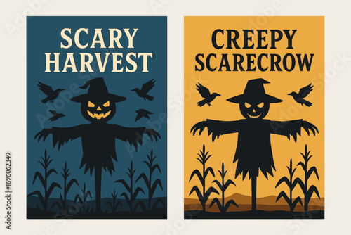 Two vertical A6 banners flat vector design blue and backgrounds spooky scarecrow silhouettes flying crows field scene first banner with text Scary Harvest second banner with text Creepy.