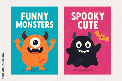 Two vertical A6 banners flat vector design cyan and magenta backgrounds playful cartoon monsters cute spooky theme first banner with text Funny Monsters second banner with text Spooky Cute.