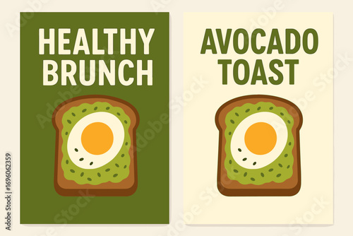 Two vertical A6 banners flat vector design olive green and cream backgrounds avocado toast with egg brunch café theme first banner with text Healthy Brunch second banner with text Avocado.