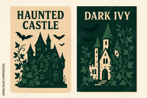 Two vertical A6 banners flat vector design beige and dark green backgrounds creepy old castle ivy plants bats flying first banner with text Haunted Castle second banner with text Dark Ivy.