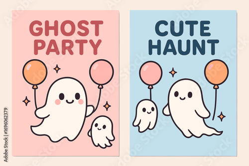 Two vertical A6 banners flat vector design pastel pink and light blue backgrounds cute ghosts with balloons kawaii style first banner with text Ghost Party second banner with text Cute.