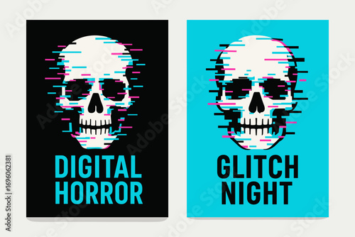 Two vertical A6 banners flat vector design black and neon blue backgrounds digital skull glitch effect cyber horror first banner with text Digital Horror second banner with text Glitch.