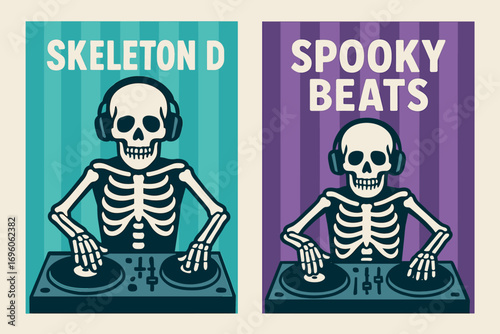 Two vertical A6 banners flat vector design cyan and purple striped backgrounds halloween disco theme skeleton DJ turntables first banner with text Skeleton DJ second banner with text Spooky.