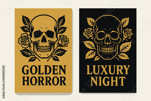 Two vertical A6 banners flat vector design gold and black backgrounds gothic skulls and roses luxury horror theme first banner with text Golden Horror second banner with text Luxury Night.