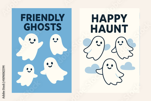 Two vertical A6 banners flat vector design sky blue and white backgrounds fluffy friendly ghosts cute halloween first banner with text Friendly Ghosts second banner with text Happy Haunt.