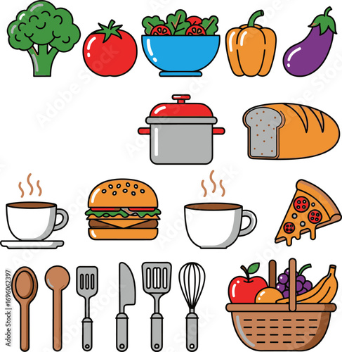kitchen, cooking, utensils, food, vegetables, recipe, cookware, kitchenware, culinary, restaurant, chef, ingredients, spoon, fork, knife, kitchen vector, cooking icons, meal, cookware set, cooking too