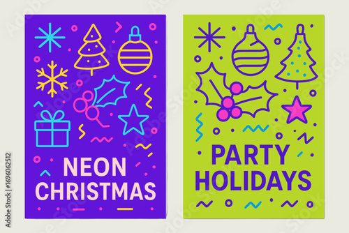 Two vertical A6 banners flat vector design neon purple and lime backgrounds abstract christmas patterns futuristic party style first banner with text Neon Christmas second banner with text.