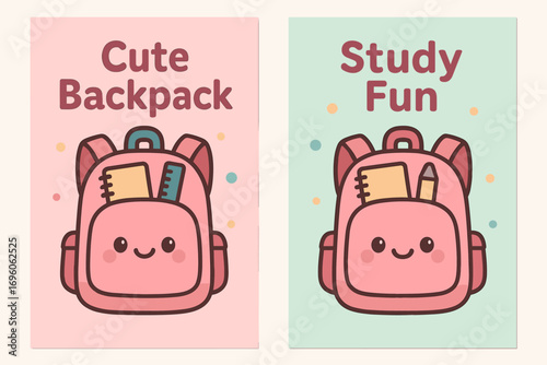 Two vertical A6 banners flat vector design pastel pink and mint backgrounds kawaii school backpack with face and stationery cute theme first banner with text Cute Backpack second banner.