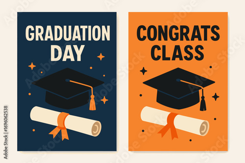 Two vertical A6 banners flat vector design navy and orange backgrounds graduation cap with diploma scroll school celebration theme first banner with text Graduation Day second banner with.