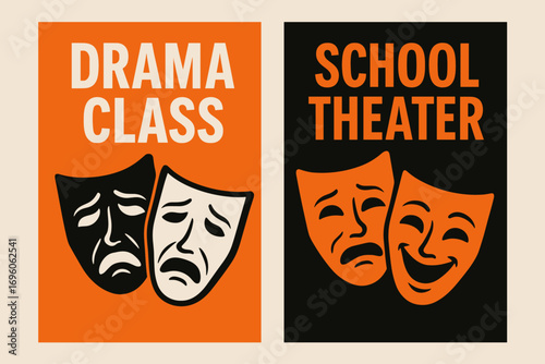 Two vertical A6 banners flat vector design orange and black backgrounds dramatic theater masks school drama theme first banner with text Drama Class second banner with text School Theater.