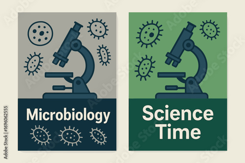 Two vertical A6 banners flat vector design grey and green backgrounds microscope with bacteria illustrations biology theme first banner with text Microbiology second banner with text.