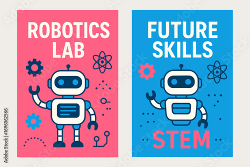 Two vertical A6 banners flat vector design neon pink and blue backgrounds robotics class with robot illustration STEM education first banner with text Robotics Lab second banner with text.