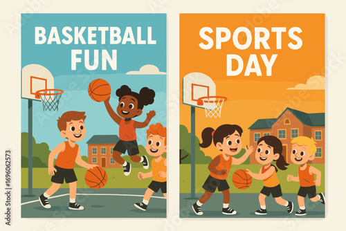 Two vertical A6 banners flat vector design sky blue and orange backgrounds children playing basketball in schoolyard sports activity first banner with text Basketball Fun second banner with.