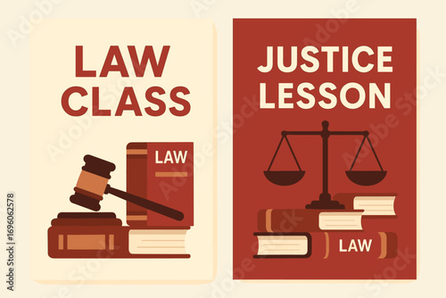 Two vertical A6 banners flat vector design cream and red backgrounds law theme with books and gavel justice class first banner with text Law Class second banner with text Justice Lesson.