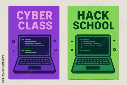 Two vertical A6 banners flat vector design neon purple and green backgrounds hacker style laptop with code cyber school theme first banner with text Cyber Class second banner with text Hack.