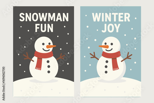 Two vertical A6 banners flat vector design grey and cyan backgrounds snowman with scarf in snowy field first banner with text Snowman Fun second banner with text Winter Joy text clear.