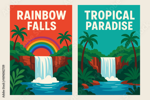 Two vertical A6 banners flat vector design red and turquoise backgrounds tropical waterfall with rainbow exotic paradise first banner with text Rainbow Falls second banner with text.