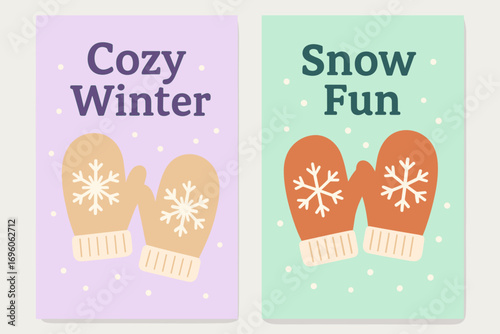 Two vertical A6 banners flat vector design pastel lavender and mint backgrounds cozy mittens with snowflakes cute winter style first banner with text Cozy Winter second banner with text.