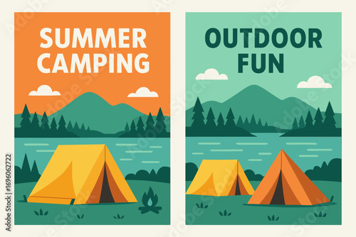 Two vertical A6 banners flat vector design orange and mint backgrounds camping tents near lake summer adventure first banner with text Summer Camping second banner with text Outdoor Fun.