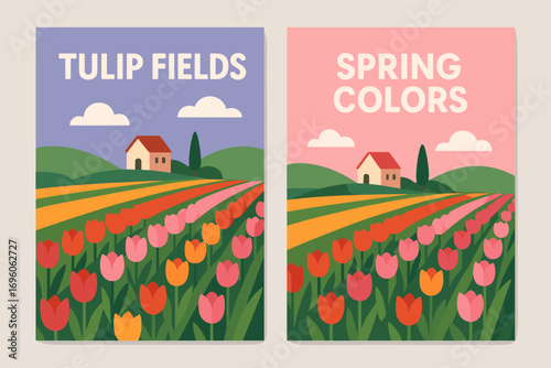 Two vertical A6 banners flat vector design lavender and pink backgrounds tulip fields in bloom spring countryside first banner with text Tulip Fields second banner with text Spring Colors.