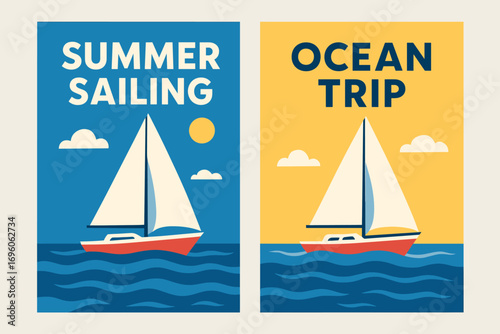 Two vertical A6 banners flat vector design blue and backgrounds sailing boat in ocean summer travel theme first banner with text Summer Sailing second banner with text Ocean Trip text clear.