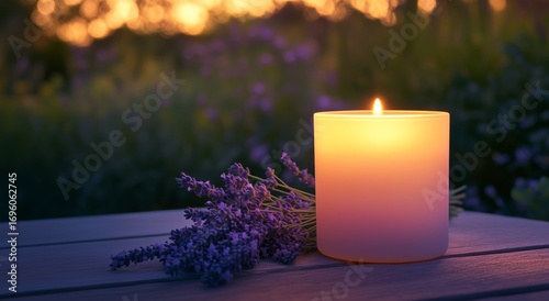 Relaxing Evening Setting With Lavender and Candle Glow During Sunset
