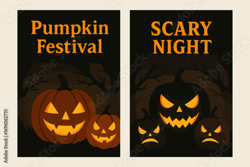 Two vertical A6 banners flat vector design black background with glowing jack o lantern pumpkins scary faces halloween lanterns spooky forest silhouettes first banner with text Pumpkin.