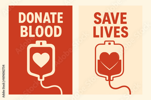 Two vertical A6 banners flat vector design red and cream backgrounds blood donation bag with heart healthcare theme first banner with text Donate Blood second banner with text Save Lives.