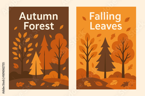 Two vertical A6 banners flat vector design brown and orange backgrounds autumn forest with falling leaves seasonal theme first banner with text Autumn Forest second banner with text Falling.