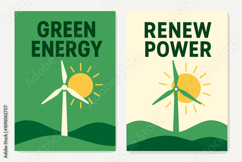 Two vertical A6 banners flat vector design green and cream backgrounds wind turbine with sun renewable energy theme first banner with text Green Energy second banner with text Renew Power.