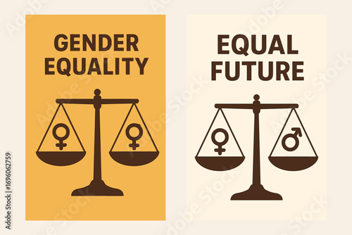Two vertical A6 banners flat vector design gold and cream backgrounds balance scales with gender icons gender equality theme first banner with text Gender Equality second banner with text.