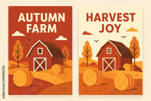 Two vertical A6 banners flat vector design crimson and cream backgrounds barn with hay bales autumn countryside first banner with text Autumn Farm second banner with text Harvest Joy text.