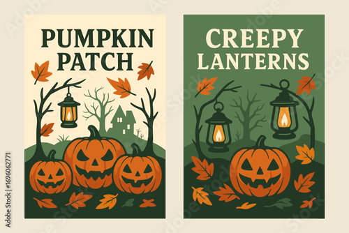 Two vertical A6 banners flat vector design cream and green backgrounds haunted pumpkin patch autumn leaves spooky lanterns first banner with text Pumpkin Patch second banner with text.