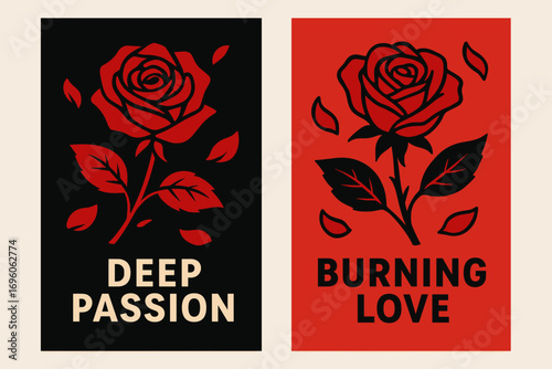 Two vertical A6 banners flat vector design black and red backgrounds roses with petals falling passion theme first banner with text Deep Passion second banner with text Burning Love text.