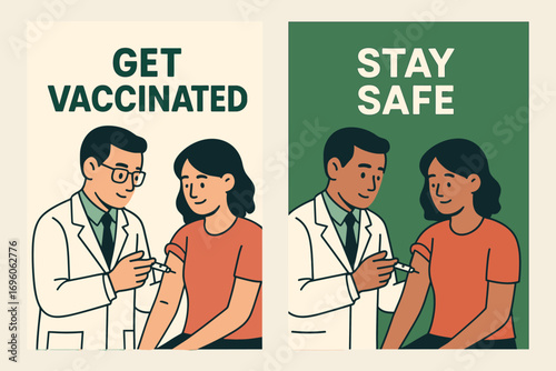 Two vertical A6 banners flat vector design cream and green backgrounds doctor giving vaccine to patient health campaign theme first banner with text Get Vaccinated second banner with text.